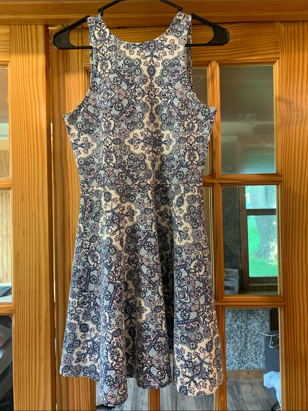 Women’s Blue White Floral Geo Print Fit and Flare Skater A-line Mini Dress S